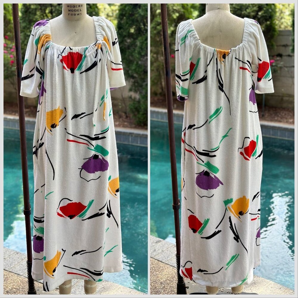Vintage 1970s Floral Terrycloth Beach Dress, Lucie Ann Beverly Hills, Cover Up